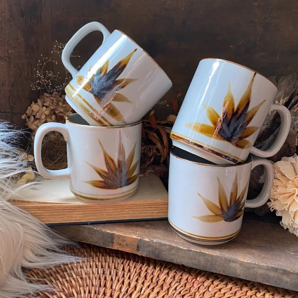 VINTAGE Otagiri Agave Cactus Leaf Coffee Mugs MCM 70s Era - 10oz